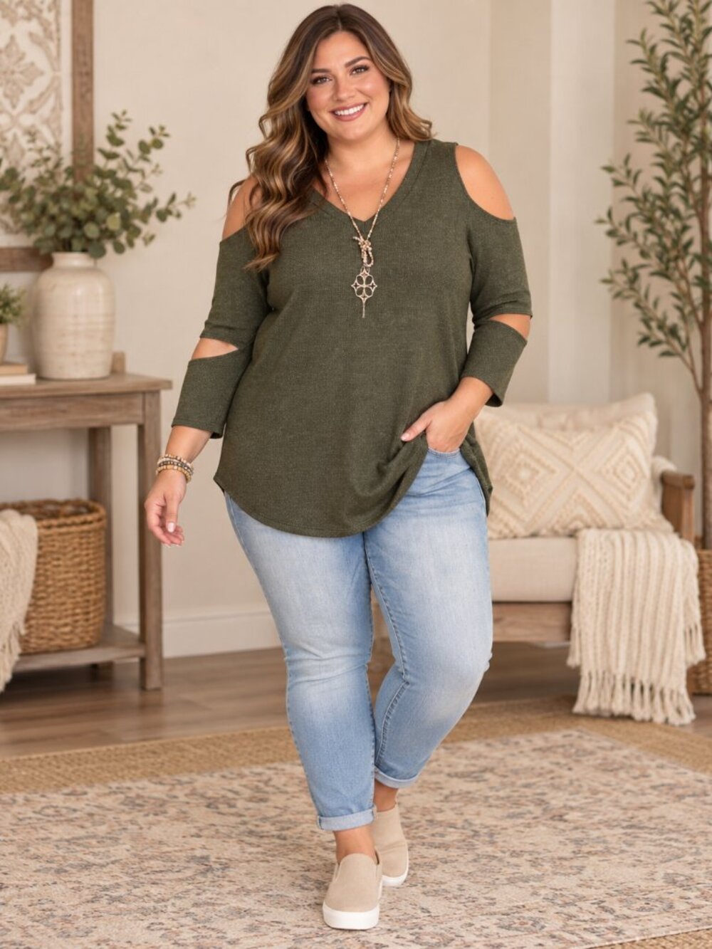 Olive Green Plus Size Cutout V-Neck Tunic Top Made in USA